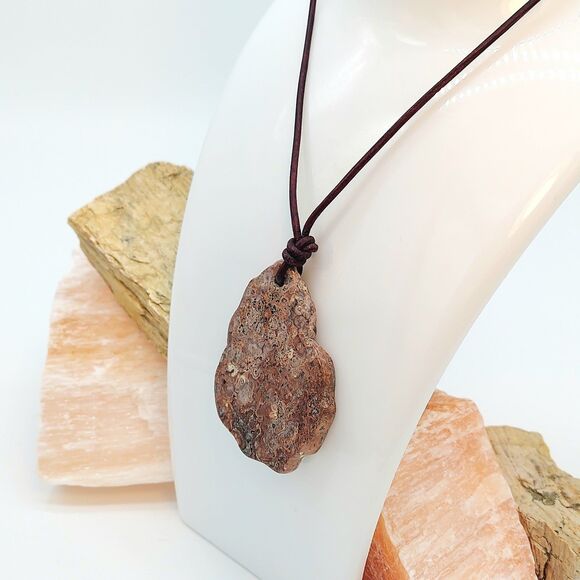 Large Leopard Skin Jasper Necklace Leather Cord Natural Gemstone Pendant - Picture 3 of 3